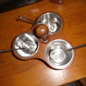 Mid-century Wood & Stainless Steel Condiment Dish 3sections & 3 spoons